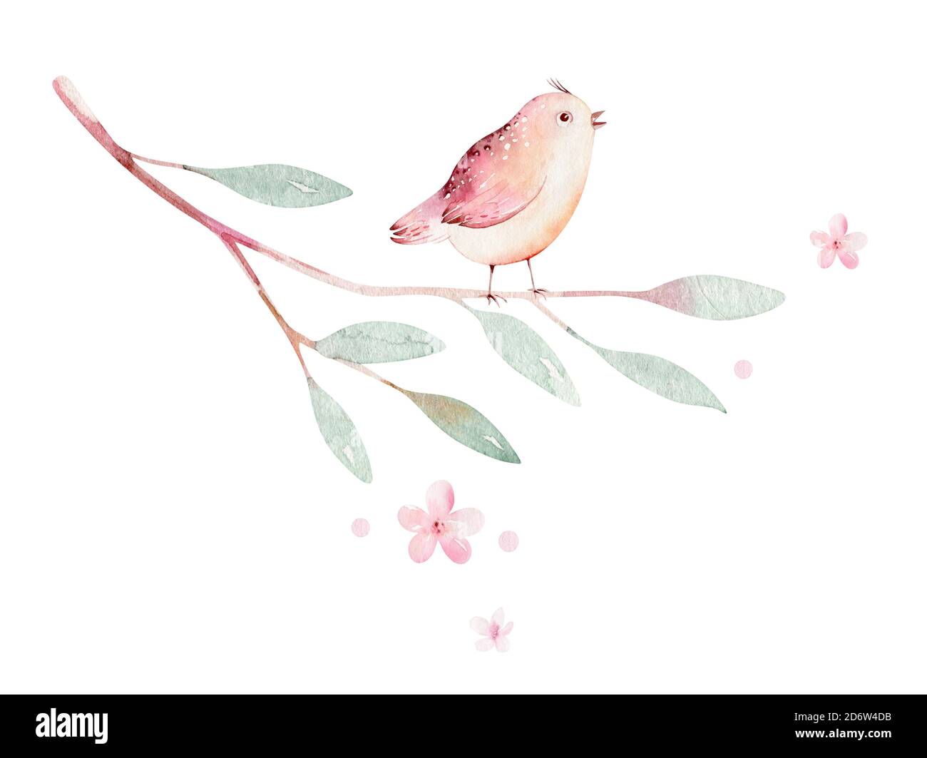 Frühlingsvogel auf blühender Ast mit grünen Blättern und Blumen. Aquarell Hochzeit Einladung Karte Blüte Gemälde. Handgezeichnetes pinkfarbenes Kranzdesign Stockfoto