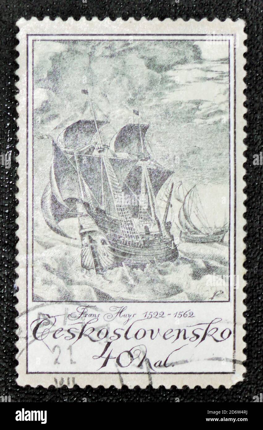 Moskau, Russland - 7. Januar 2017: Eine Briefmarke gedruckt in Tschechoslowakei zeigt Huys, Frans (1522-1562) Schiffe Sammlung, ca. 1976 Stockfoto