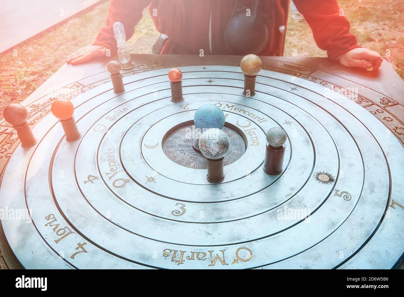 Geozentrisches Weltsystem - die zentrale Position im Universum wird von einer stationären Erde besetzt, um die Sonne, Mond, Planeten und Sterne verrotten Stockfoto