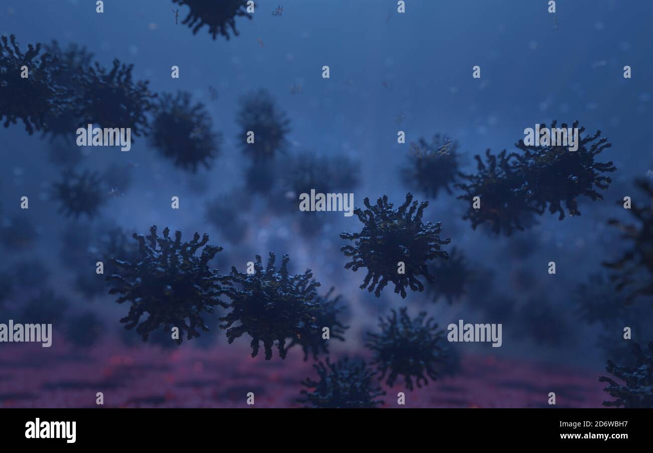 Poliovirus mit Rezeptoren (Spikes). Eine Infektionskrankheit, die Polio (oder Poliomyelitis) verursacht, die durch kontaminierte Lebensmittel, Wasser oder Speichel verbreitet wird. Stockfoto