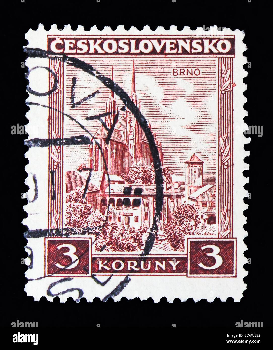 MOSKAU, RUSSLAND - 13. MAI 2018: Eine in der Tschechoslowakei gedruckte Briefmarke zeigt Brno, Burgen, Landschaften und Städte Serie, um 1929 Stockfoto
