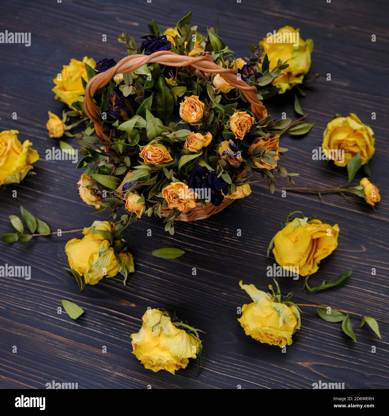 Ein Korb von trockenen toten gelben Rosen auf einem dunklen Holztisch Stockfoto