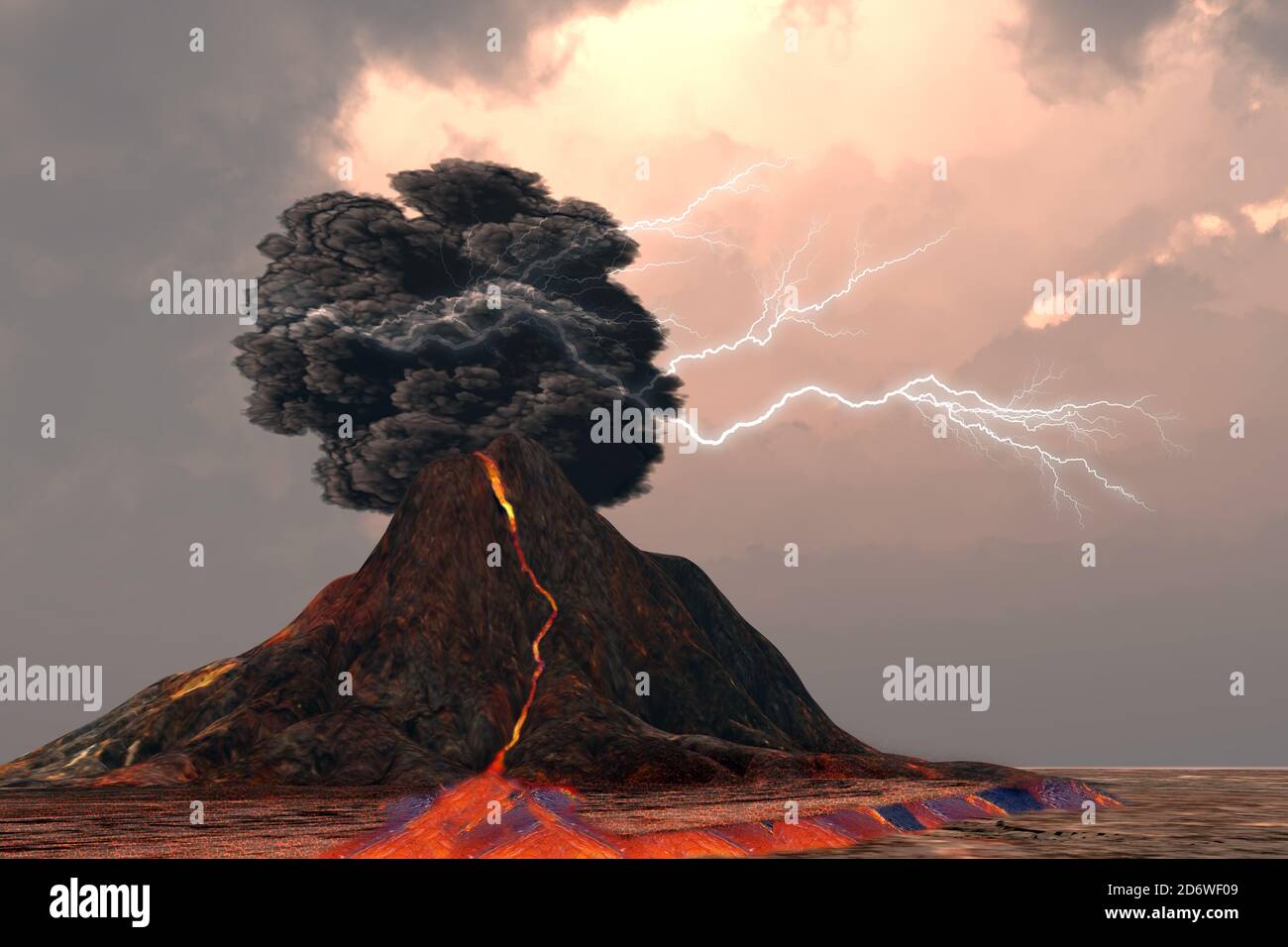 Volcano and Lightning - Blitz und Donner brechen in einer wabernden Rauchwolke, als ein Vulkan mit glühender Lava ausbricht. Stockfoto