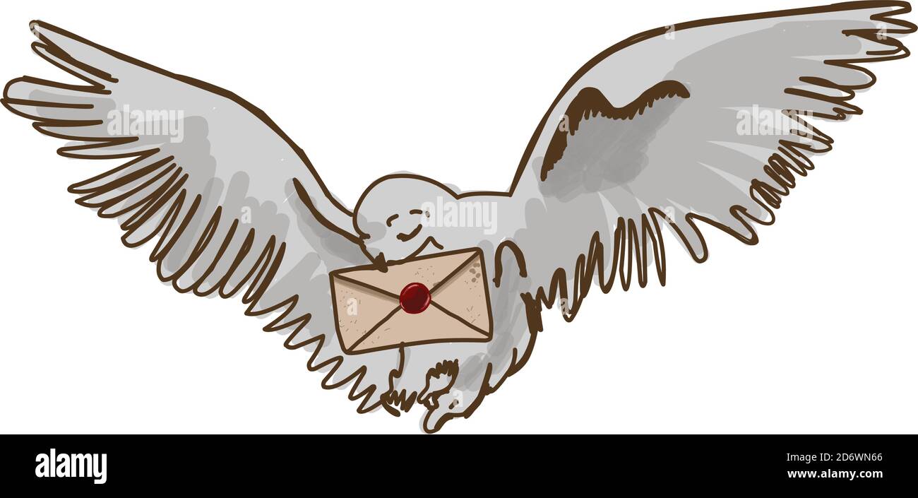 Eule Postbote. Weiße Eule mit Buchstabe.Magischer Vogel. Isoliert auf Weiß Stock Vektor