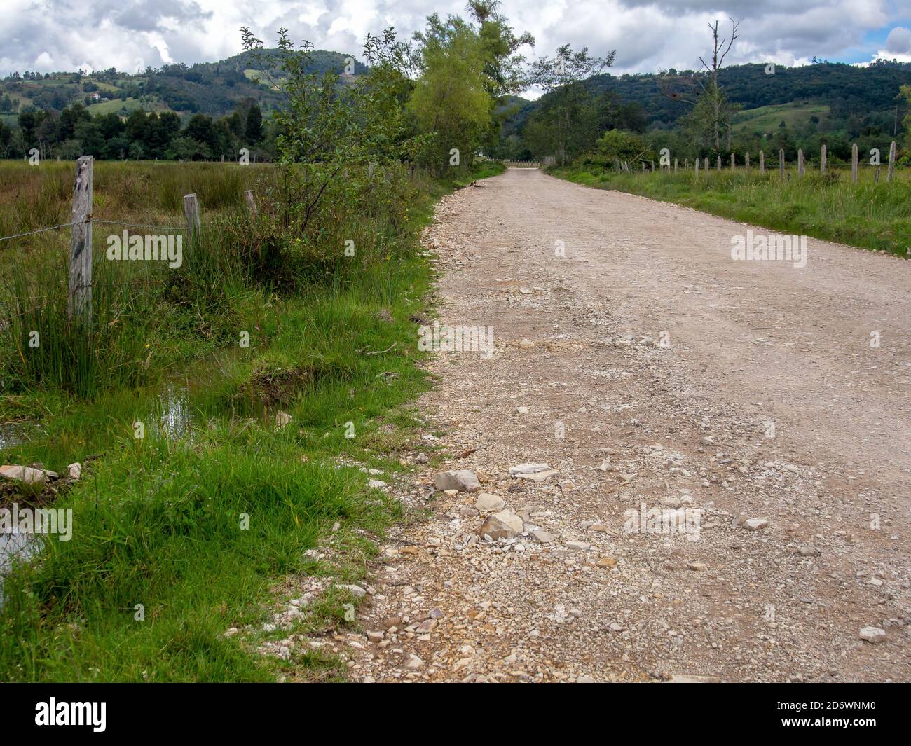 Unbefestigte Landstraße im zentralen Andengebirge Kolumbiens, in der Nähe der Kolonialstadt Villa de Leyva, Departement Boyaca. Stockfoto