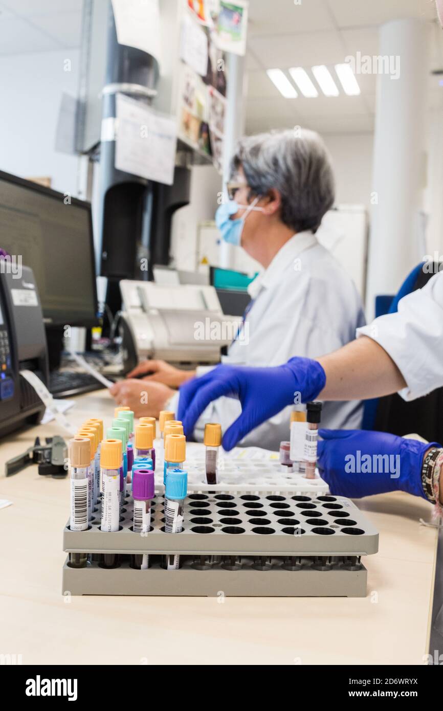 Blutproben in einem medizinischen Labor des Krankenhauses Limoges, Frankreich. Stockfoto