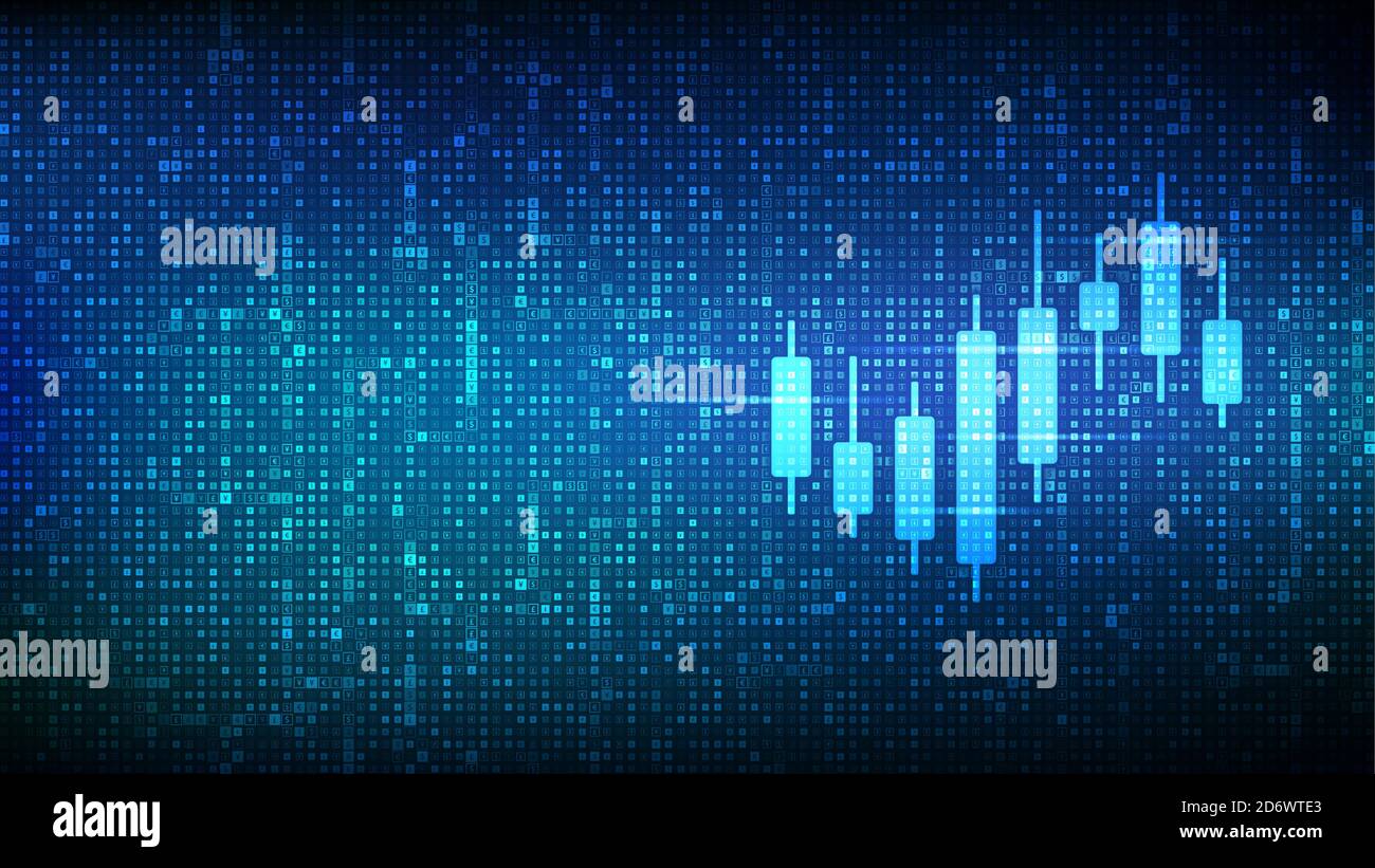 Analyse Graph Candlestick Stock Symbol mit Währungssymbolen gemacht. Börsen- oder Forex-Trading-Grafik. Symbole für Dollar, Euro, Yen und Pfund. Finanzwesen Stock Vektor