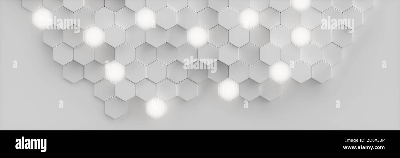 Abstrakt Weißer Hintergrund geometrische sechseckigen abstrakten Hintergrund. Flächenpolygonmuster mit leuchtenden Sechsecken, sechseckige Wabe. Abstraktes Weiß Stockfoto