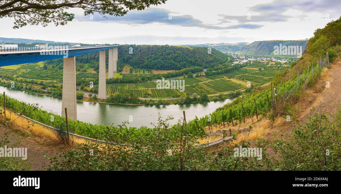 Blick auf ein stahlträger Brücke zwischen Hunsrück und Eifel erstreckt sich über die Mosel und die Weinberge Winninger Wein Region suchen. Stockfoto