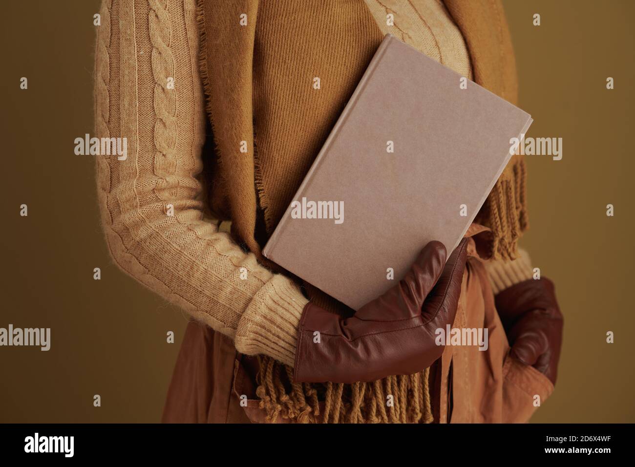 Hallo november. Nahaufnahme der Frau im Pullover mit Buch und Lederhandschuhen isoliert auf braunem Hintergrund. Stockfoto