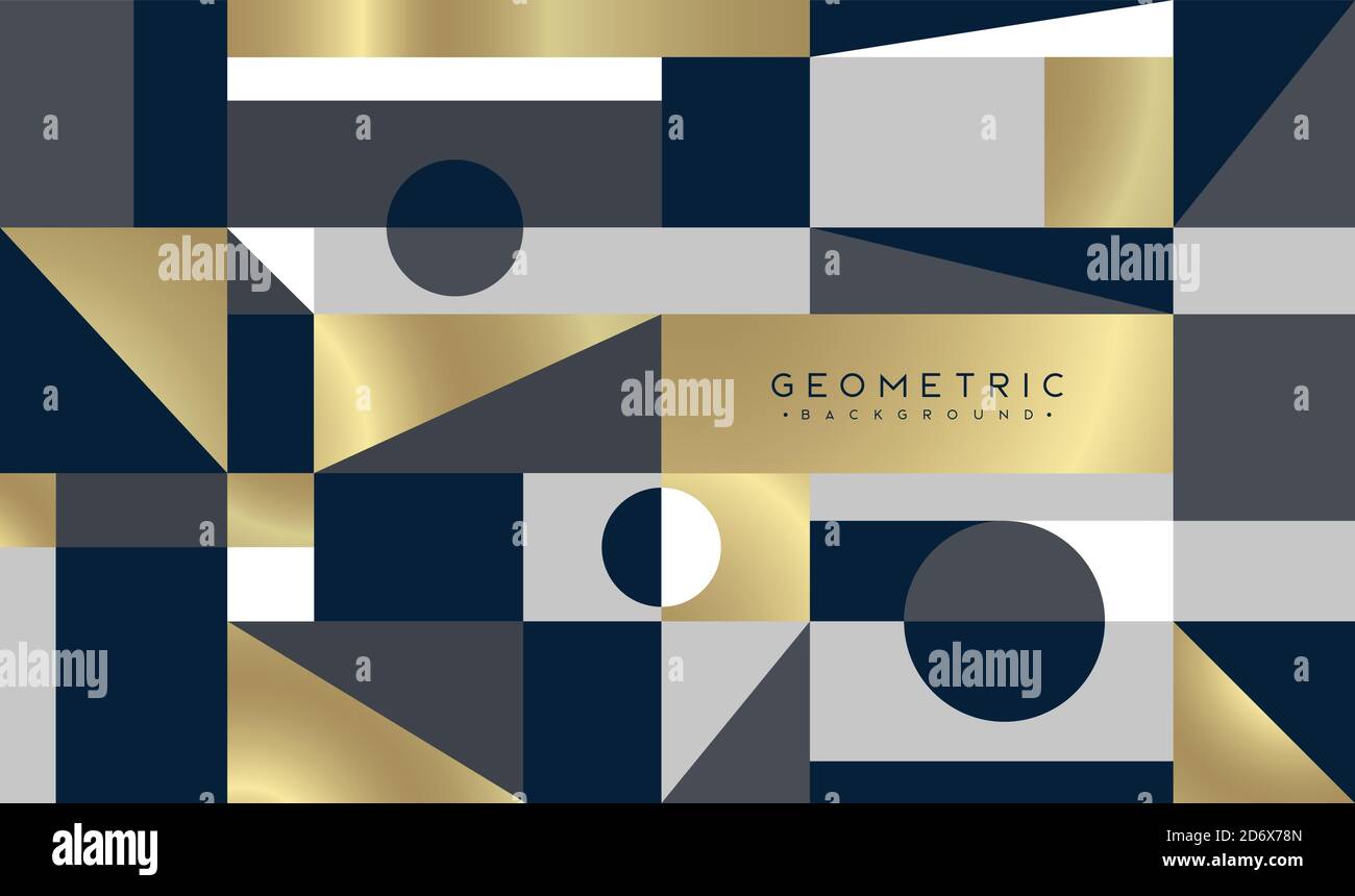 Abstrakter Hintergrund mit geometrischen Figuren. Elegantes Design in den Farben Blau, Weiß, Grau und Gold. Vektormuster. Geeignet für Karten, Papier, t Stock Vektor