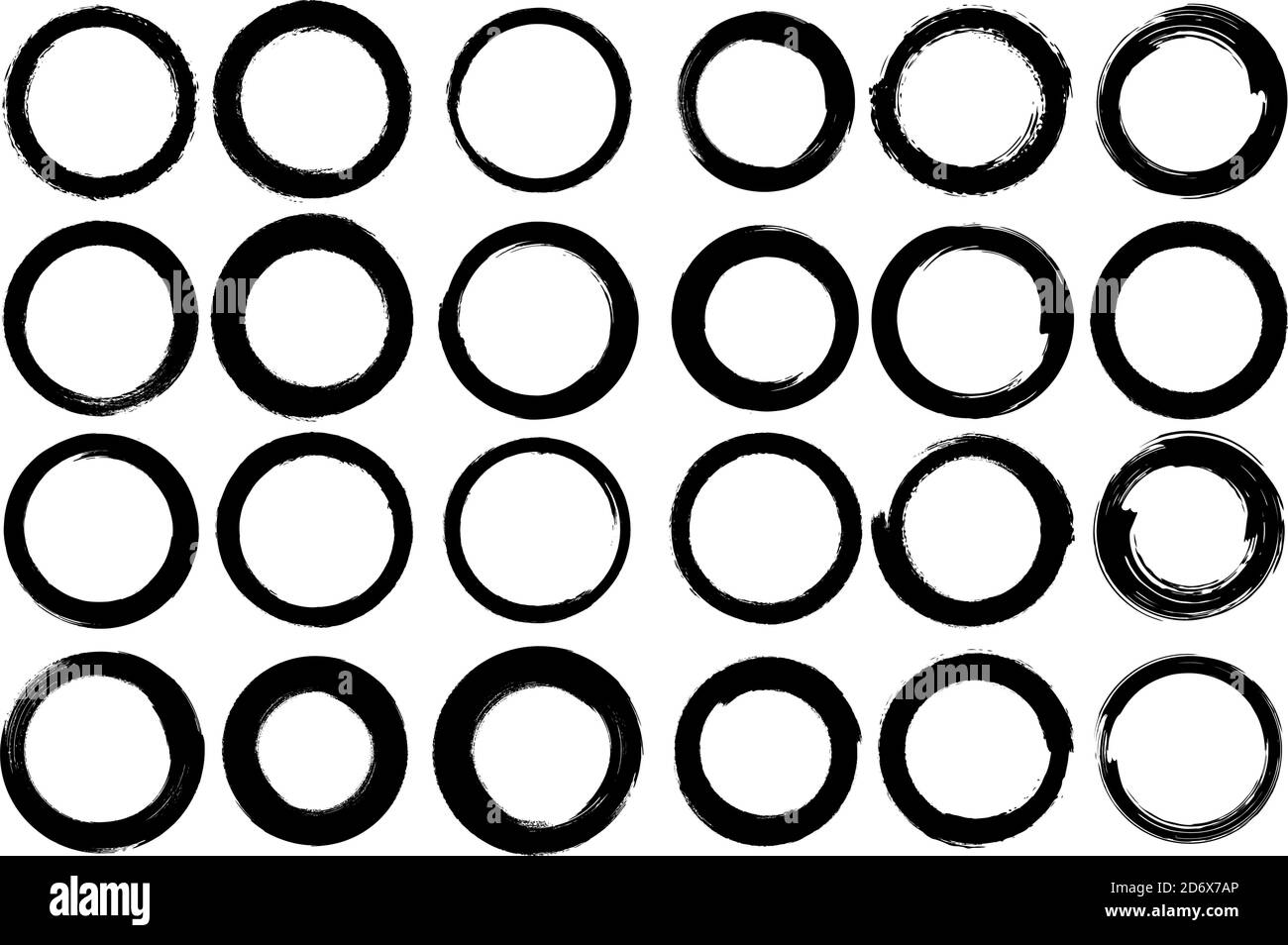 Satz von Vektorkreisen mit unregelmäßiger Kontur. Runde Pinselstrich verschiedene Stärken und Strichart. Isolierte Figur. Grunge-Stil. Stock Vektor