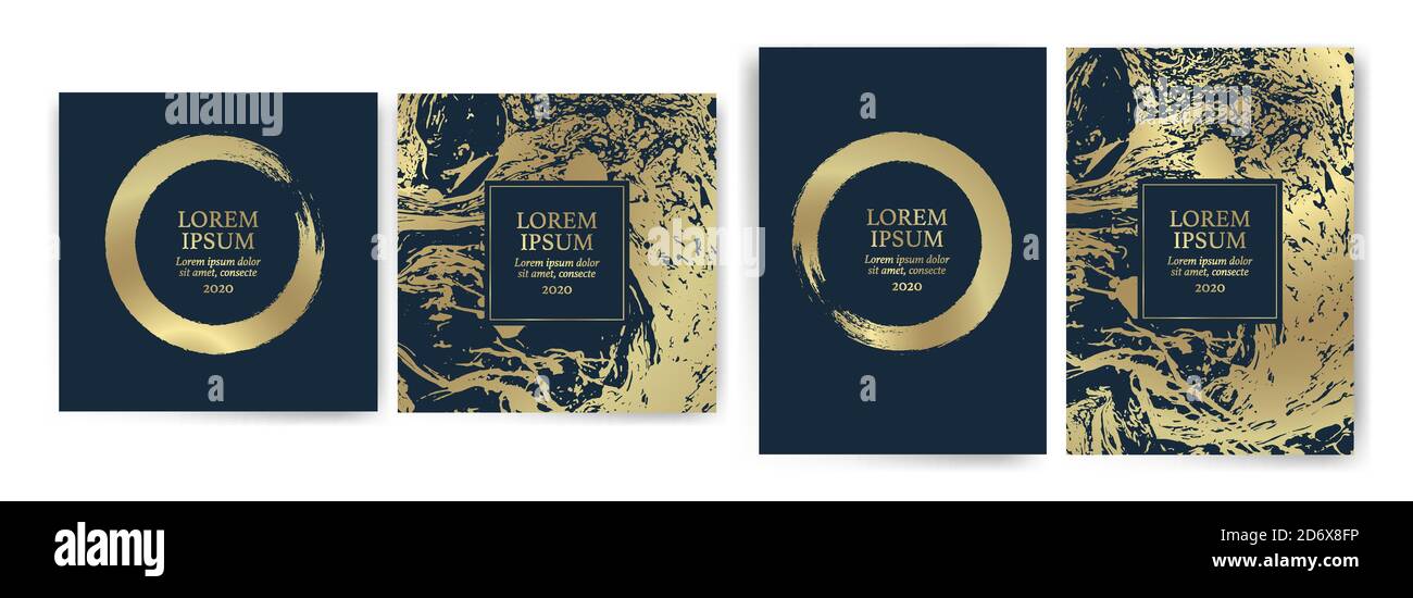 Set von Design-Vorlagen mit goldener Textur, Marmor-Effekt. Luxus und Eleganz. Gold und Marineblau. Geeignet für Hochzeitseinladungen, VIP-Veranstaltungen, Cov Stock Vektor