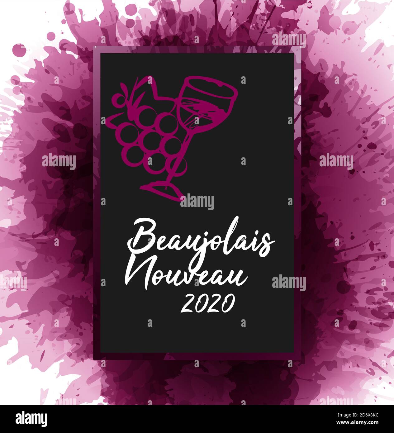 Tafel mit dem französischen Text 'Beaujolais nouveau 2020', neu Beaujolais 2020. Illustration von Traubenhaufen und Weinglas. Weinflecken im Hintergrund Stock Vektor