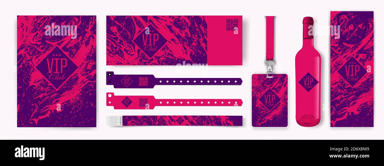 Set mit Design-Vorlagen für VIP-Einladung, Zugang Armbänder, Trageschlaufe, Ticket, Weinflasche und Weinverpackung. Marmor strukturierte Hintergrund mit Brigh Stock Vektor