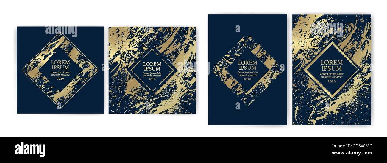 Set von Design-Vorlagen mit goldener Textur, Marmor-Effekt. Goldenes und blaues marineblau Hintergrund mit Luxus-Look. Geeignet für Hochzeitseinladungen, geburtsd Stock Vektor