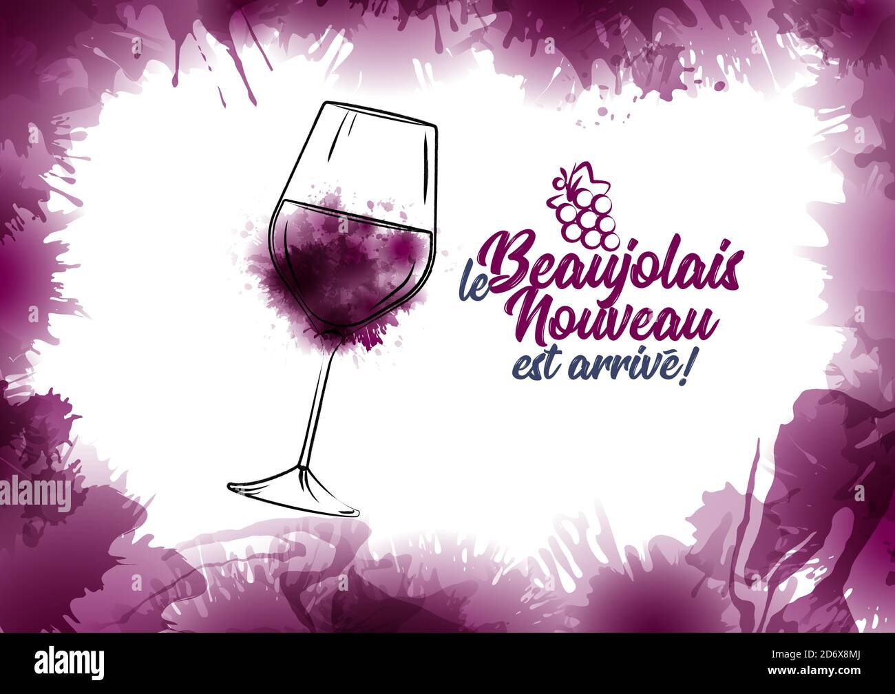 Abbildung eines handgezeichneten Weinglases mit Rotweinflecken. Französischer Text 'le Beaujolais Nouveau est arrivé', der neue Beaujolais ist da. Zurück Stock Vektor