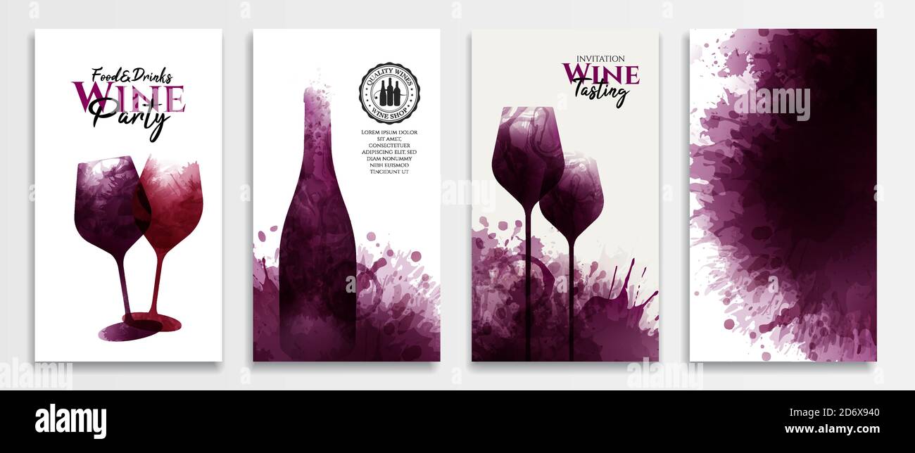 Vorlagen mit Wein-Designs. Rotweinflecken Abbildung von Glas und Flasche Wein. Social Media Banner, Karten, Cover, Broschüren, texturierte Backgr Stock Vektor Vorlagen mit Wein-Designs. Rotweinflecken Abbildung von Glas und Flasche Wein. Social Media Banner, Karten, Cover, Broschüren, texturierte Backgr Stock Vektor