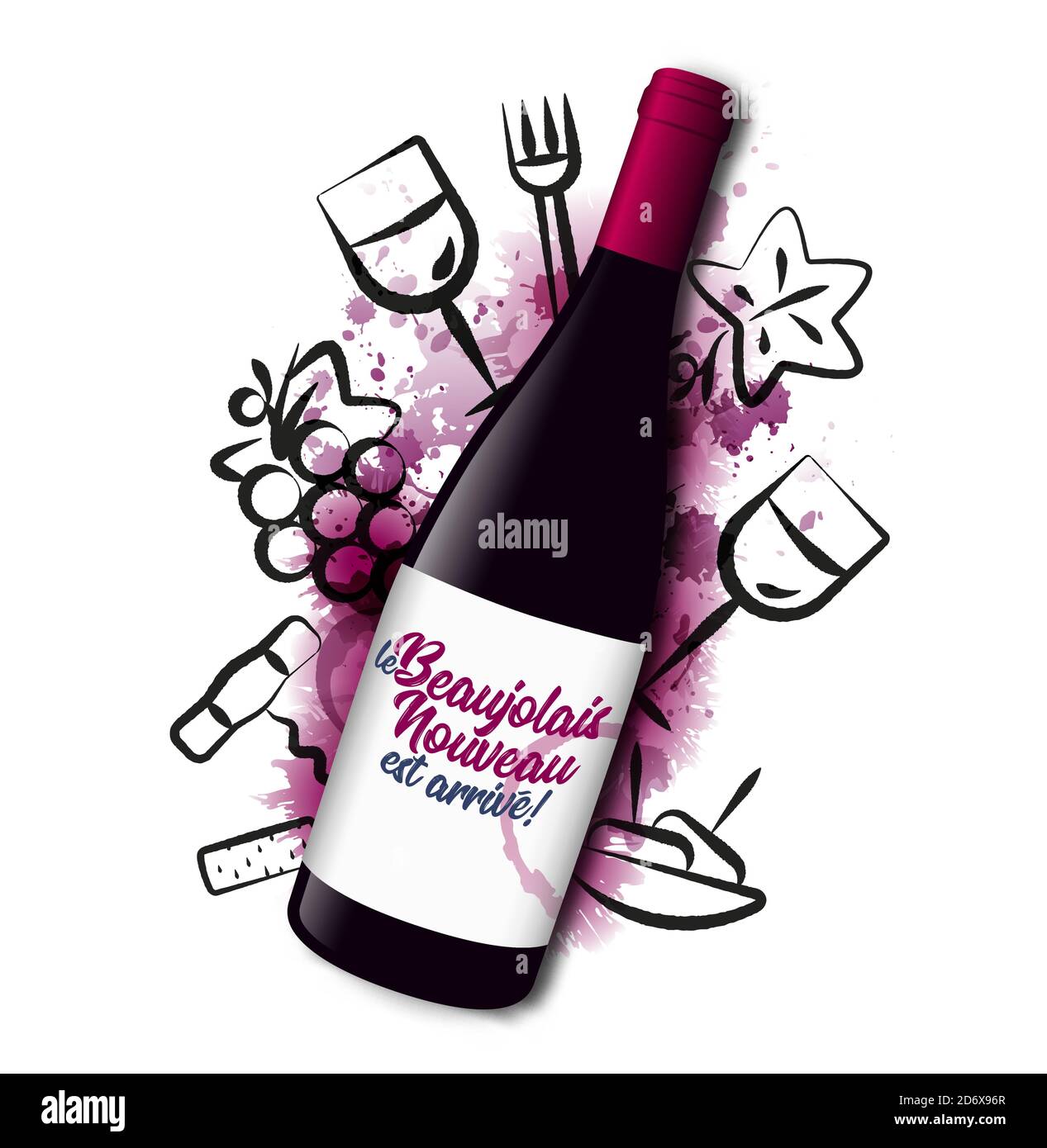 Realistische Illustration einer Weinflasche mit dem französischen Text 'le Beaujolais Nouveau est arrivé', der neue Beaujolais ist angekommen. Im Hintergrund Stock Vektor