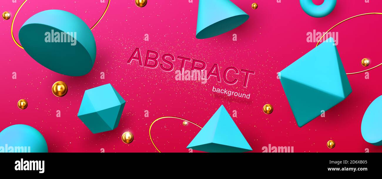 Abstrakter Hintergrund oder Banner mit geometrischen 3d-Formen Hemisphäre, Oktaeder, Kugel oder Torus, Kegel und Pyramide auf rotem Hintergrund mit goldenen Perlen und Ringen, kreatives Design, Vektor-Illustration Stock Vektor