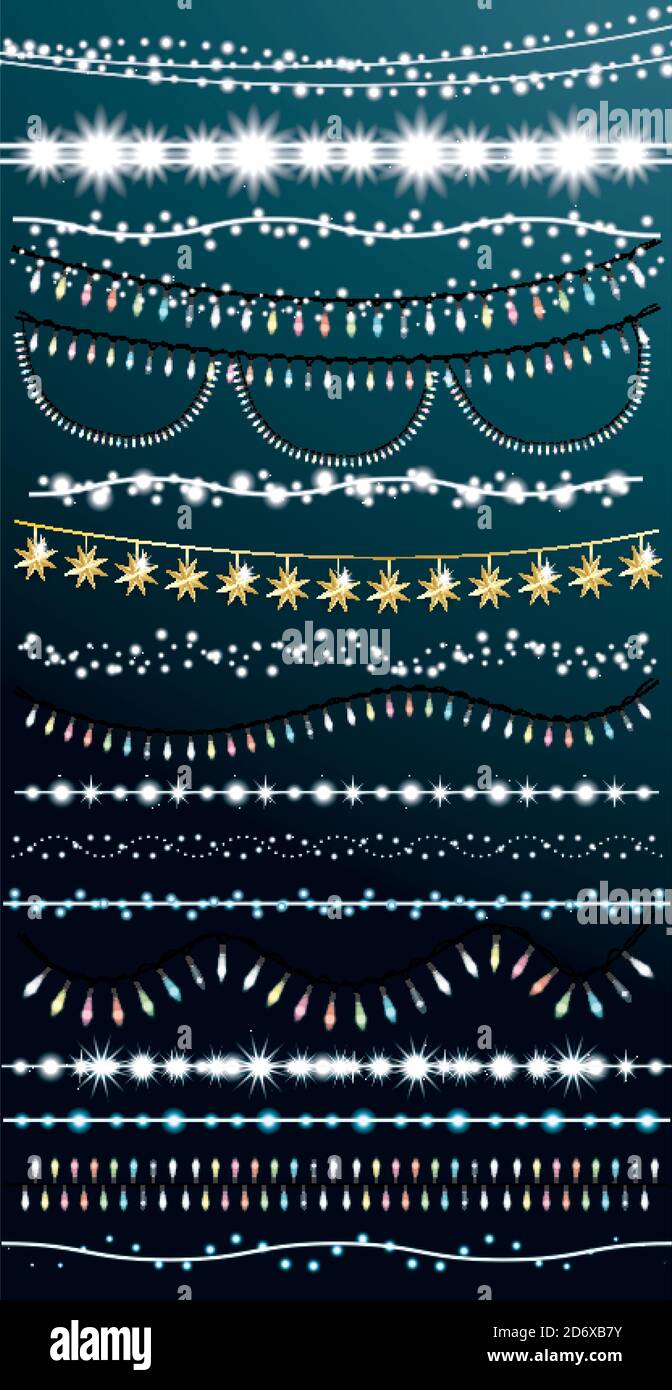 Weihnachts-Fadenleuchten-Set. Vektorgrafik. Neujahr Neon Garland. Festliche Weihnachtsdekoration. Stock Vektor