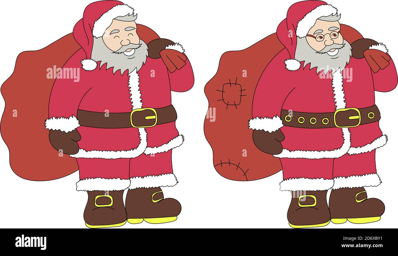 Zwei Weihnachtsmann mit einer Geschenktüte auf transparentem Hintergrund Stock Vektor