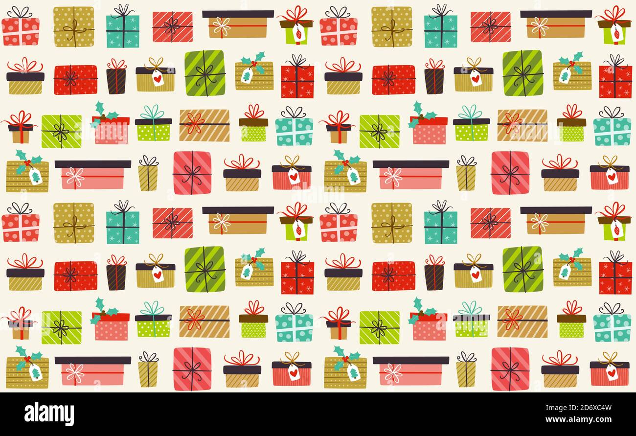 Lustige Weihnachten nahtlose Muster voll von kleinen Geschenk-Boxen isoliert auf hellem Hintergrund. EPS 10 Vektorgrafik. Stock Vektor