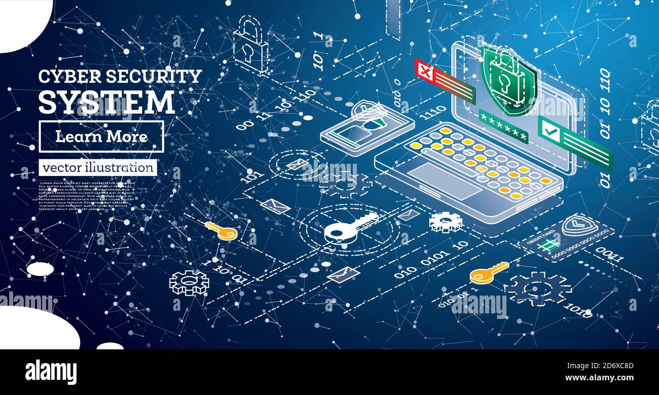 Isometrisches Cyber Security Konzept. Datenschutzkonzept. Kreditkartenprüfung und Softwarezugriffsdaten als vertraulich. Vektorgrafik. Stock Vektor