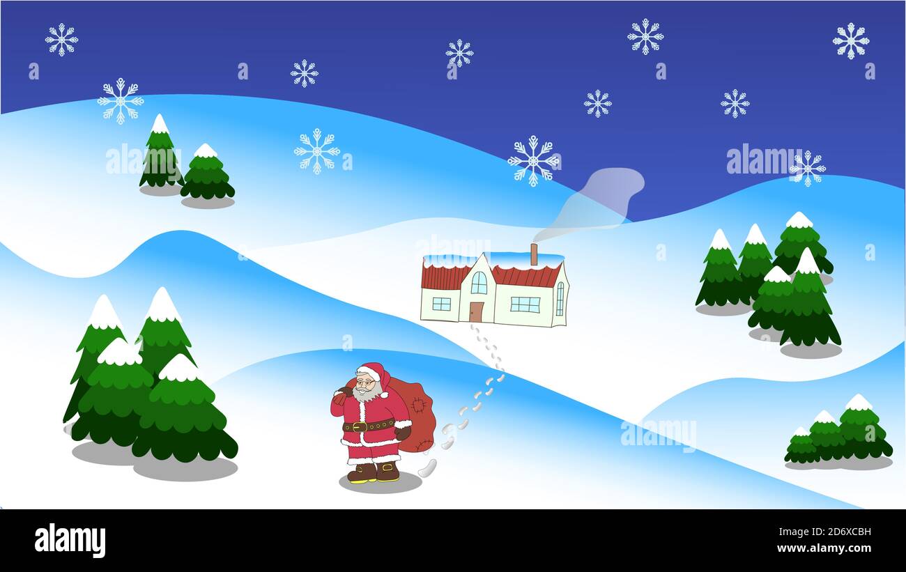 Landschaft mit Weihnachtsbäumen, Weihnachtsmann und Haus in Auflösung 16:9 Stock Vektor