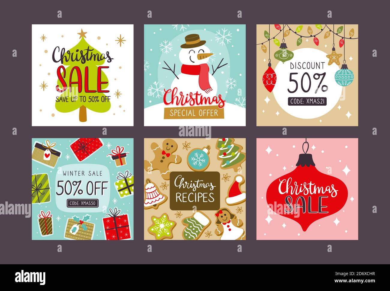 Sammlung von weihnachten Verkauf quadratische Banner für Social Media Beiträge. EPS10 Vektorgrafik. Stock Vektor