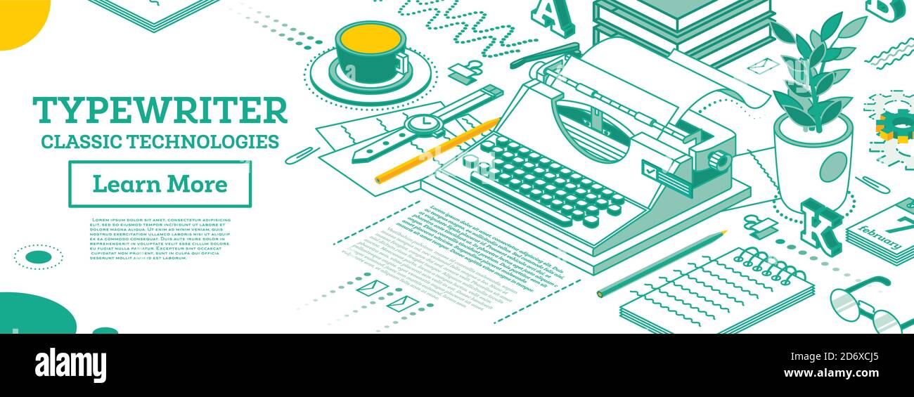 Isometrische Vintage Schreibmaschine. Writer Editor Journalist oder CopyWriter Workspace. Vektorgrafik. Outline Papers, Tagebuch und Kaffeebecher. Stock Vektor
