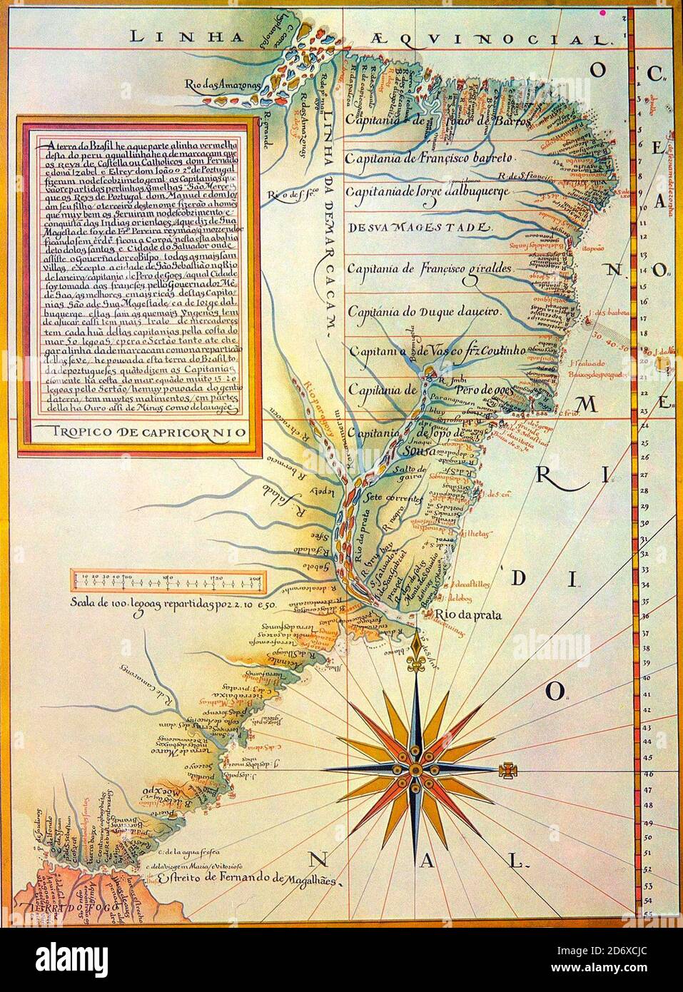 Karte von Luis Teixeira (um 1574) mit der Teilung Portugals in Captaincies. Die Tordesillas-Linie wird um zehn Grad weiter nach Westen verschoben Stockfoto