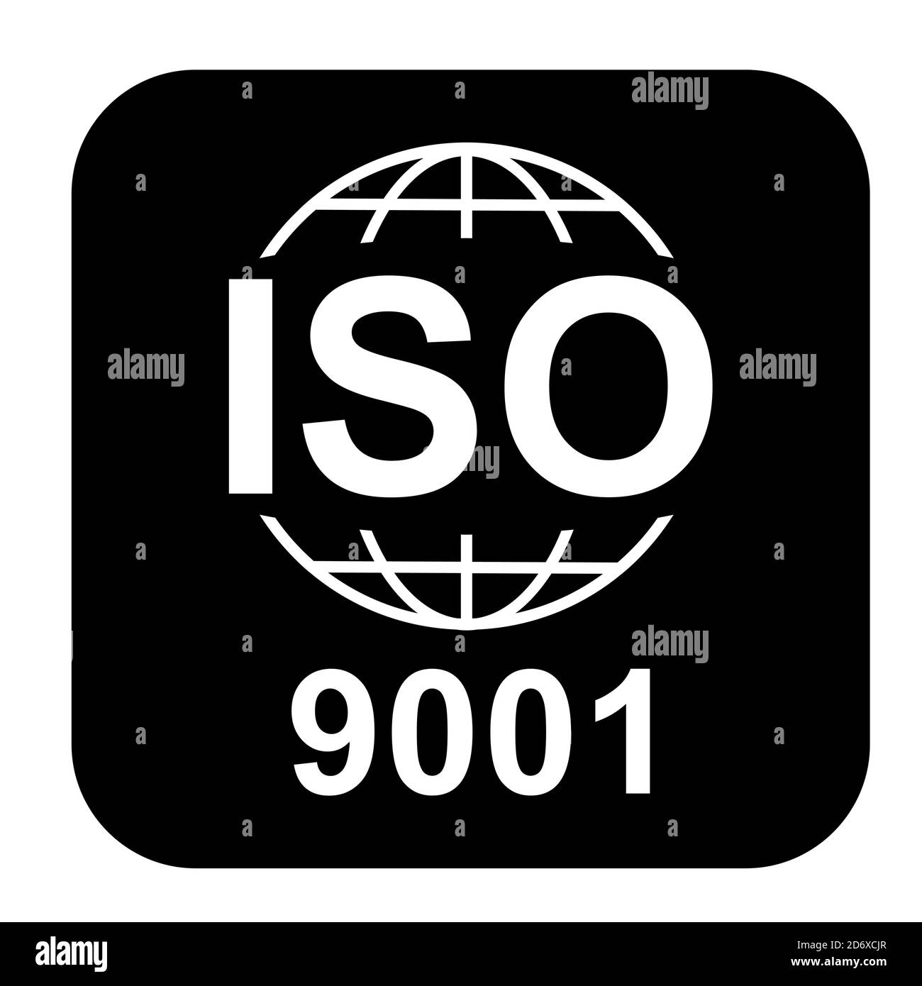 ISO 9001-Symbol. Symbol für Standardqualität. Vektor-Taste auf schwarzem Hintergrund isoliert. Stock Vektor