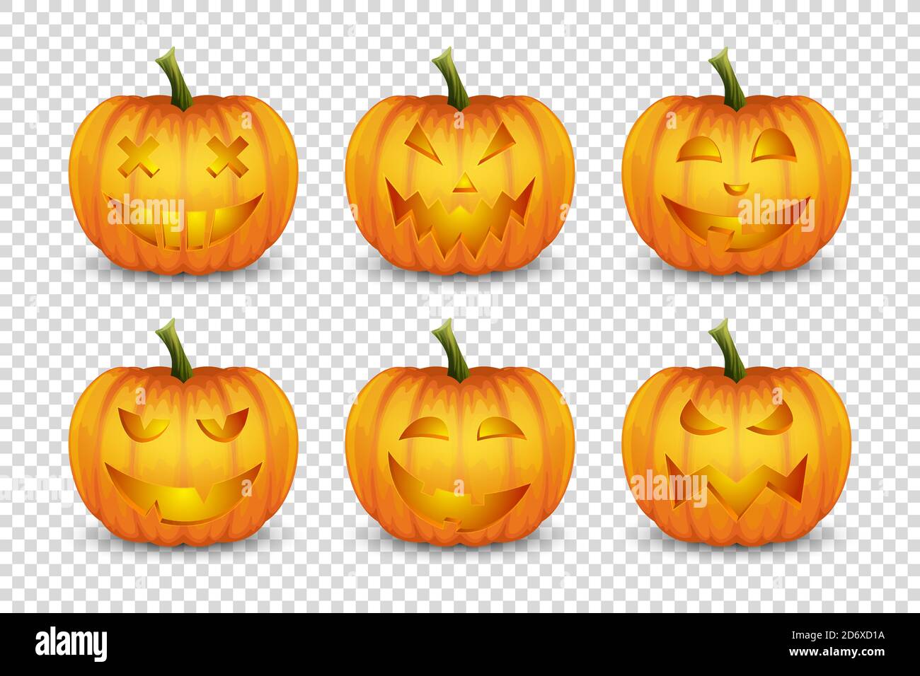 Vektor Hochglanz Cartoon Halloween Pumpkin Laterne mit lustigen Gesichtern Icon Set Nahaufnahme isoliert auf transparentem Hintergrund. Vorderansicht. Designvorlage Stock Vektor