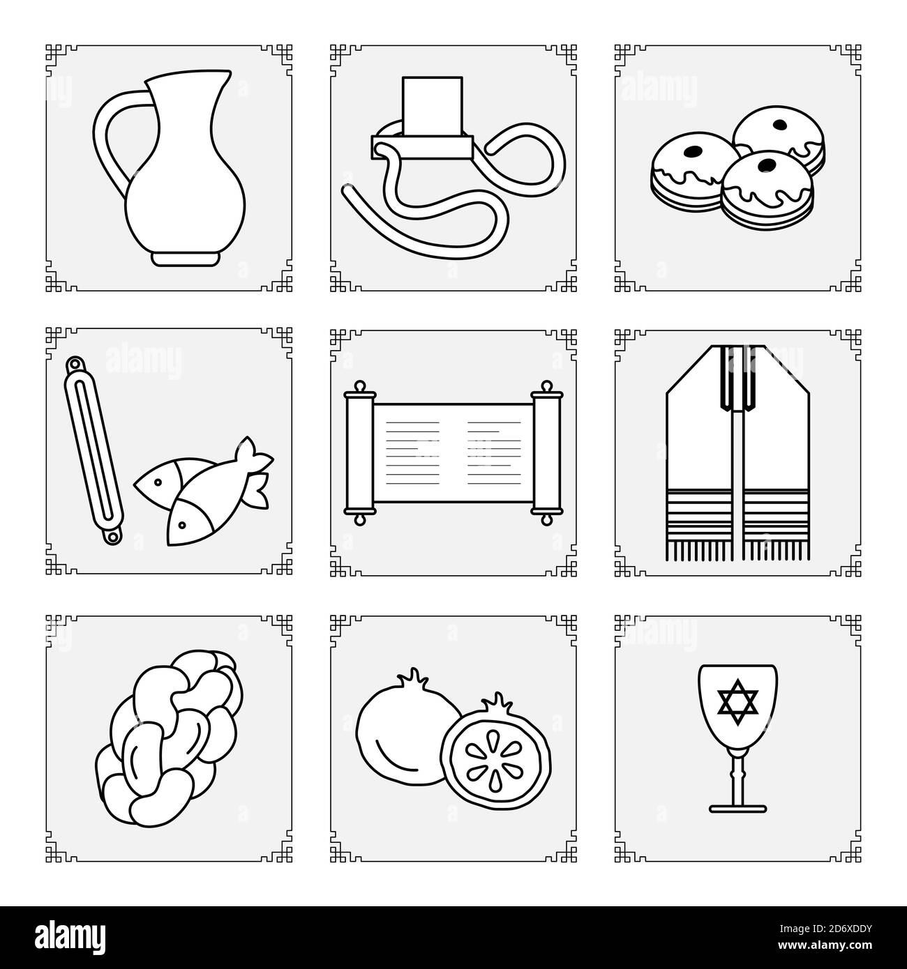 Vektor-Illustration Jüdische Feiertag traditionelle Symbole Tora-Rolle, Tefillin, Krug mit Öl, Fisch, Donuts, Judäa's rituelle Kleidung, Granatapfel, challah Stock Vektor