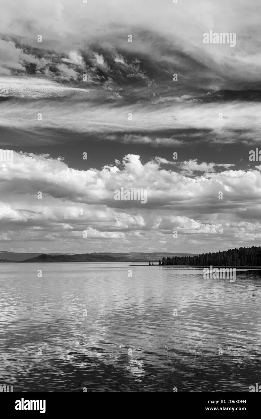 Wolken bauen und wirbeln über ruhigen Gewässern entlang des Yellowstone Lake. Yellowstone National Park, Wyoming Stockfoto