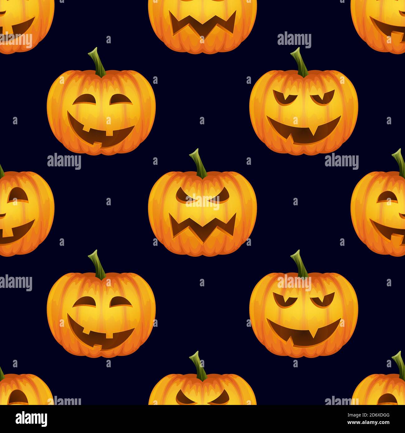 Vektor Nahtloses Muster mit glänzenden Cartoon Halloween Pumpkin Laterne mit lustigen Gesichtern auf schwarzem Hintergrund. Designvorlage. Herbstferien, Halloween Stock Vektor