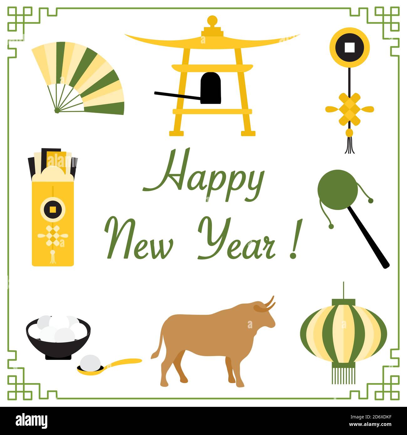 Symbole des chinesischen Neujahrs 2021 Vektor-Illustration chinesische Laterne, Glocke, Fan, Lebensmittel süß Reisbälle tangyuam, Rassel, Ochse, Umschlag mit Geld, Stock Vektor