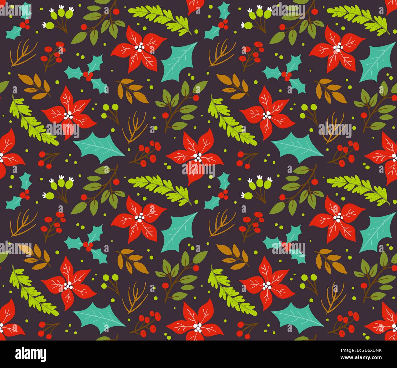 Weihnachtliche nahtlose Muster mit Winterblumen und Ästen isoliert auf dunkelbraunem Hintergrund. EPS 10 Vektorgrafik. Stock Vektor