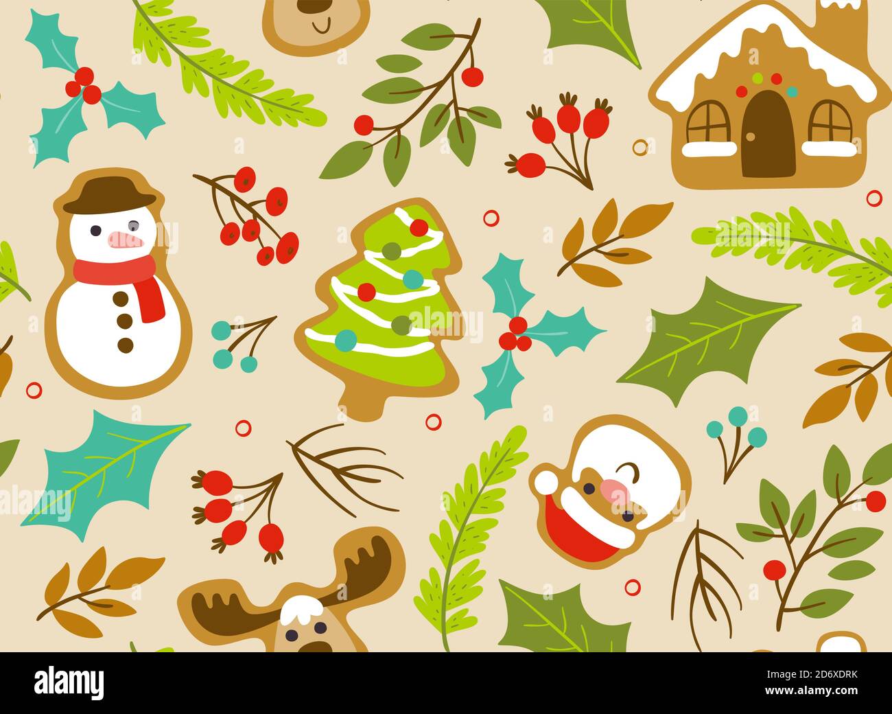 Weihnachtliche nahtlose Muster mit niedlichen weihnachtselementen, isoliert auf hellem Hintergrund. EPS 10 Vektorgrafik. Stock Vektor