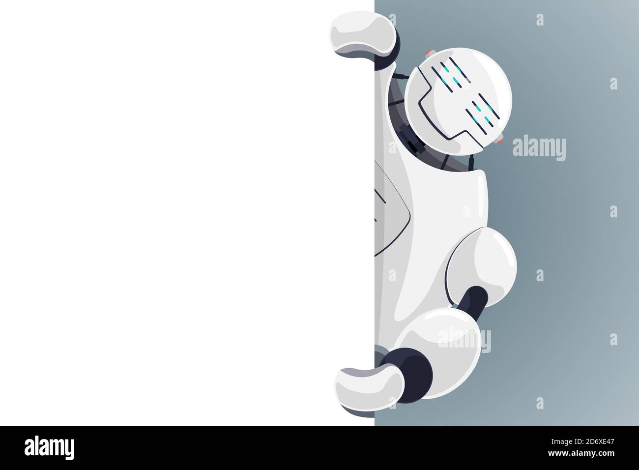 Cute Roboter schauen Ecke leer Poster Platz für Text. Cyborg Charakter hält leere Whiteboard für die Präsentation. Roboter Informationen Banner mockup Schnittstelle flache Design Vektor Illustration Stock Vektor