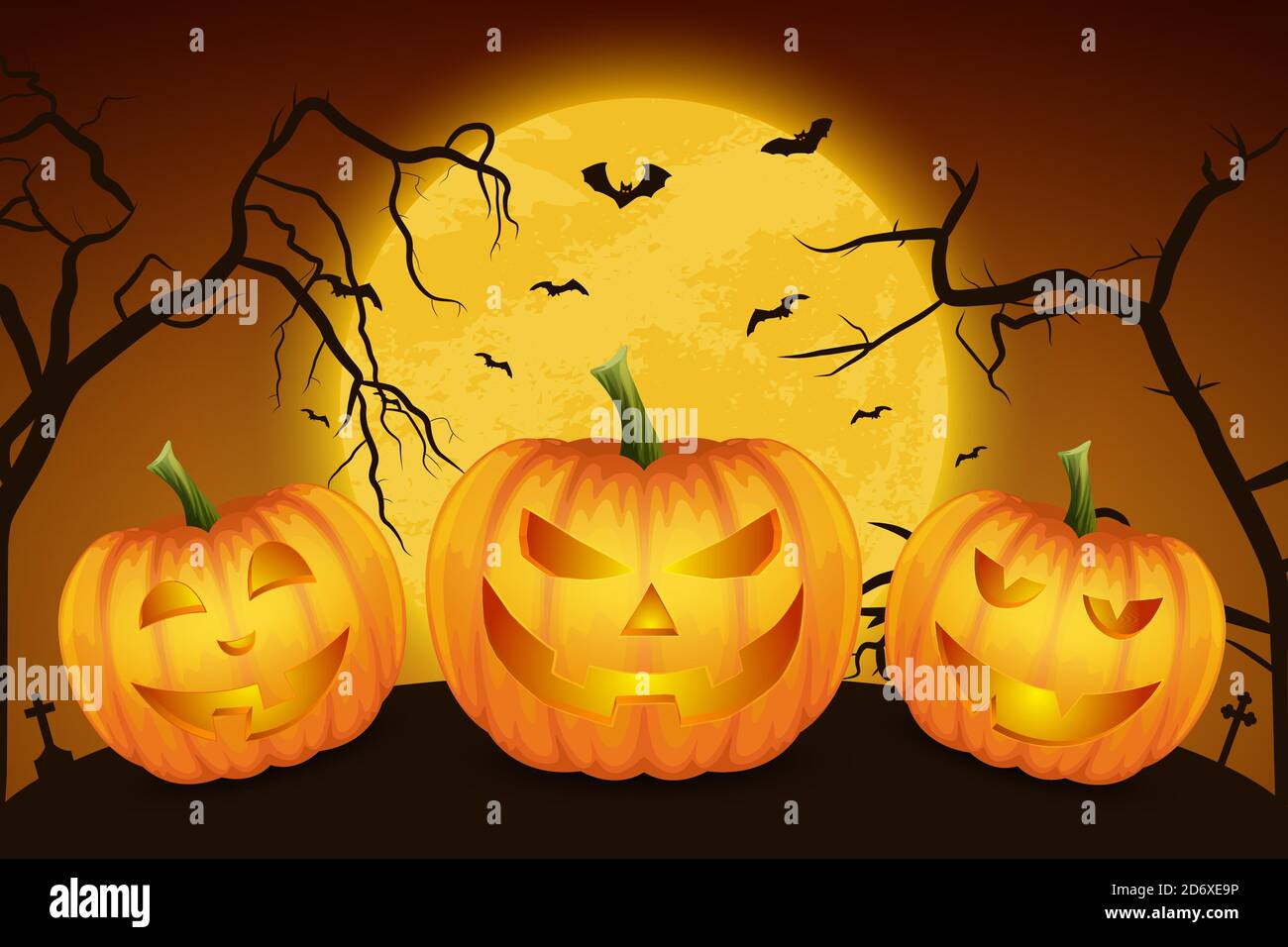 Happy Halloween Banner mit drei Pumpkins. Vektor Cartoon Halloween Pumpkin Laterne mit lustigen Gesichtern auf Dark Night Friedhof Hintergrund. Vorderansicht Stock Vektor
