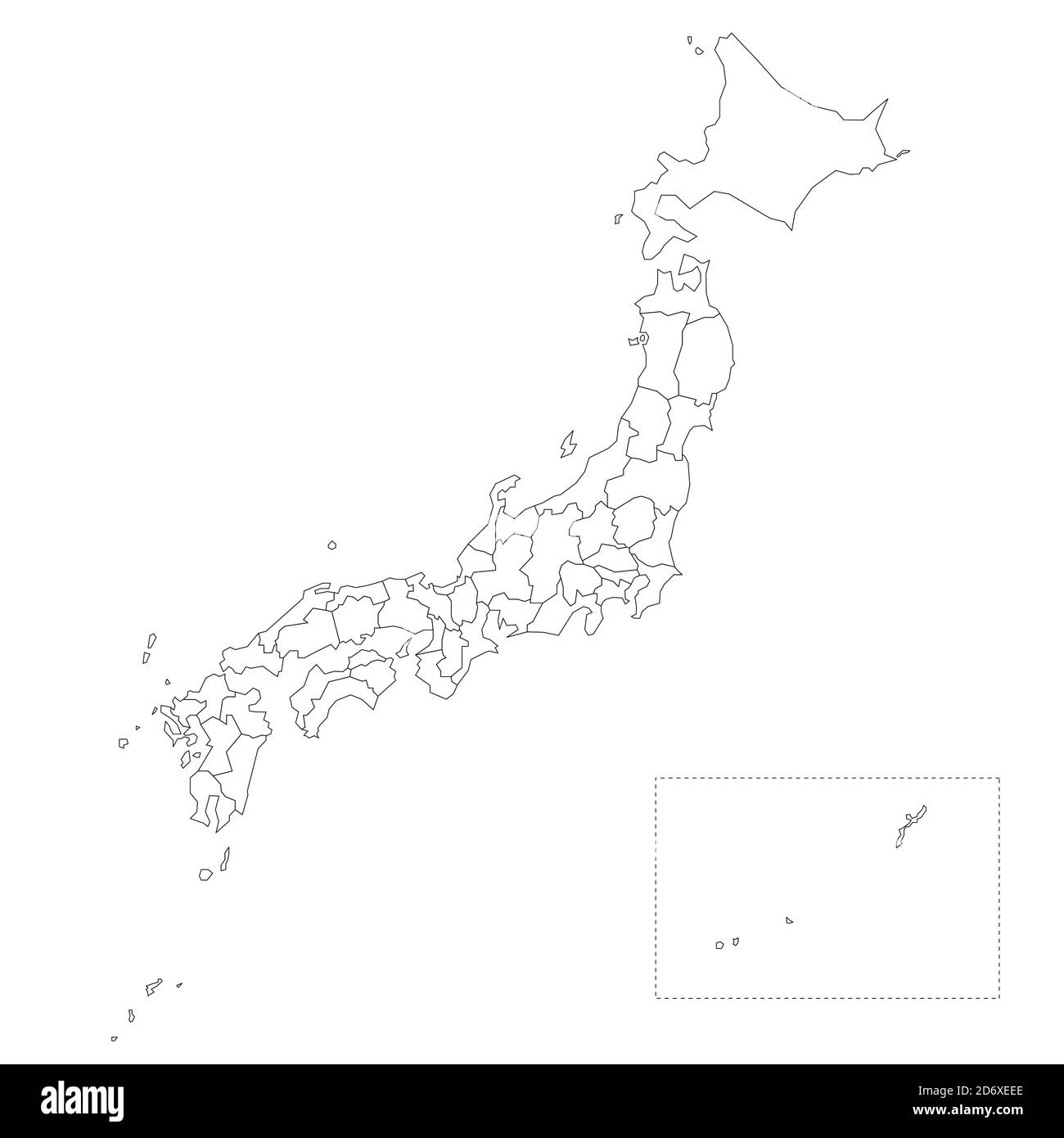 Leere politische Landkarte von Japan. Verwaltungsabteilungen - Präfekturen. Einfache Vektorkarte mit schwarzer Kontur. Stock Vektor
