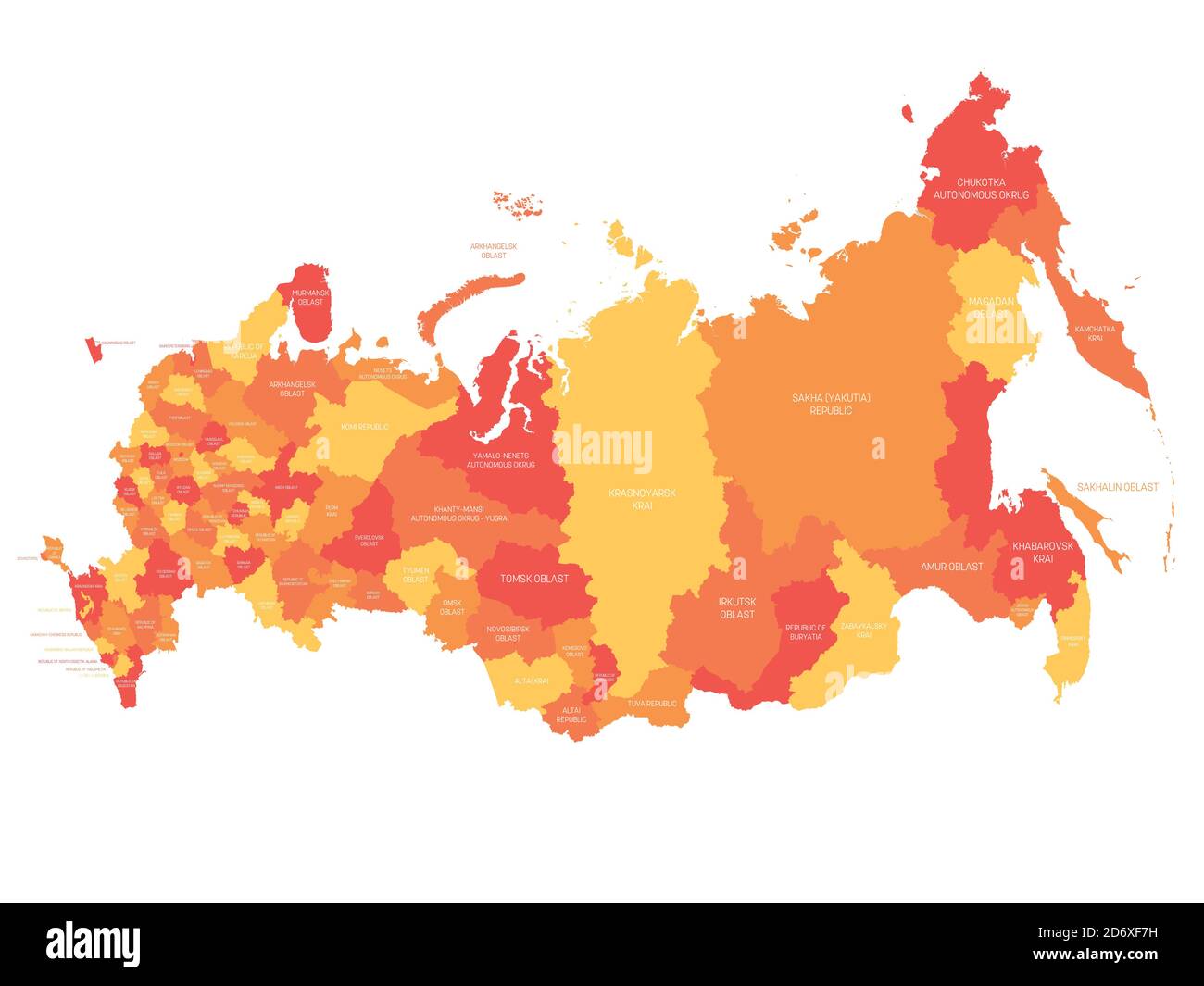 Orange politische Karte von Russland oder der Russischen Föderation. Föderale Subjekte - Republiken, Krays, Oblasten, Städte von föderaler Bedeutung, autonome Oblasten und autonome Okkrugs. Einfache flache Vektorkarte mit Beschriftungen. Stock Vektor