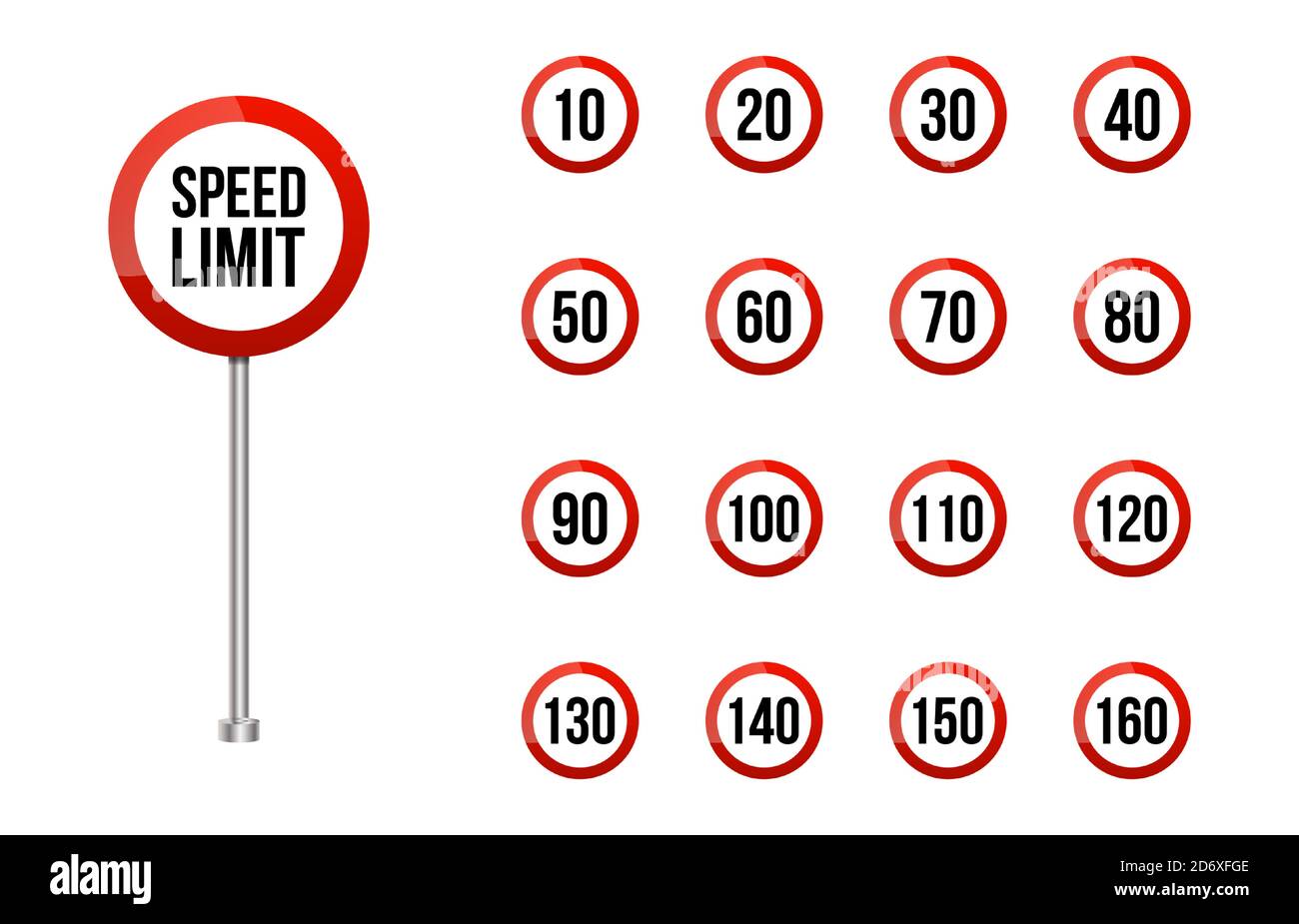 Geschwindigkeitsbegrenzung Straßenschild gesetzt.abgerundete Straße Geschwindigkeitsbegrenzung Zeichen isoliert auf weiß gesetzt. Realistisches rotes Straßenschild gesetzt Stock Vektor