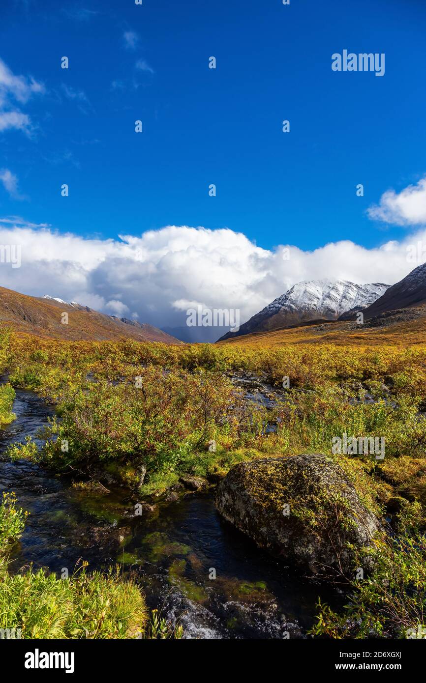 Landschaftlich schöner Alpenfluss und Berge am Herbsttag Stockfoto