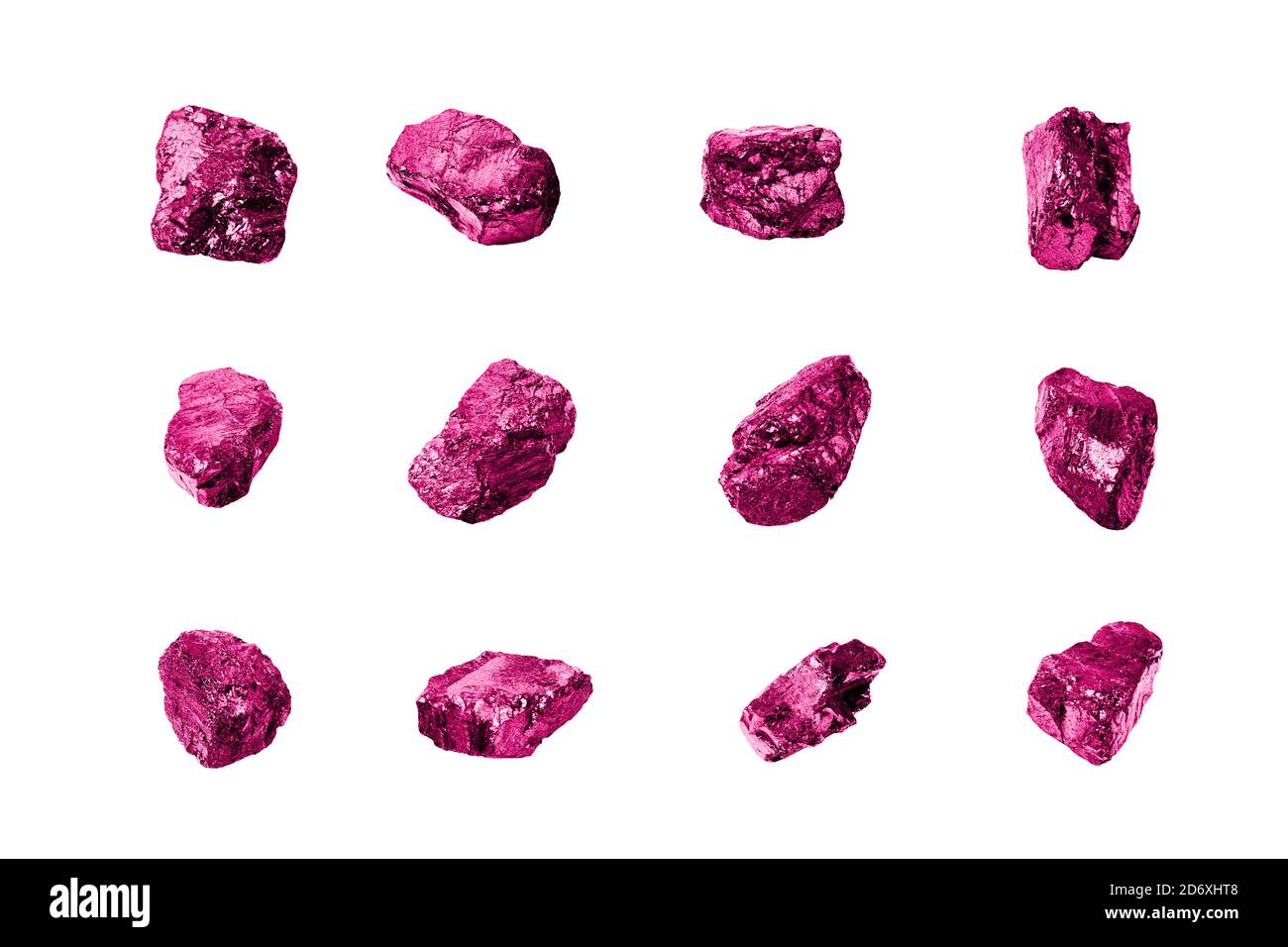 Rosa Edelsteine weißer Hintergrund isoliert Nahaufnahme, rohe Edelsteine, Steine, Nuggets, Mineralproben, Amethyst, Saphir, Topas, Spinell, Turmalin Stockfoto