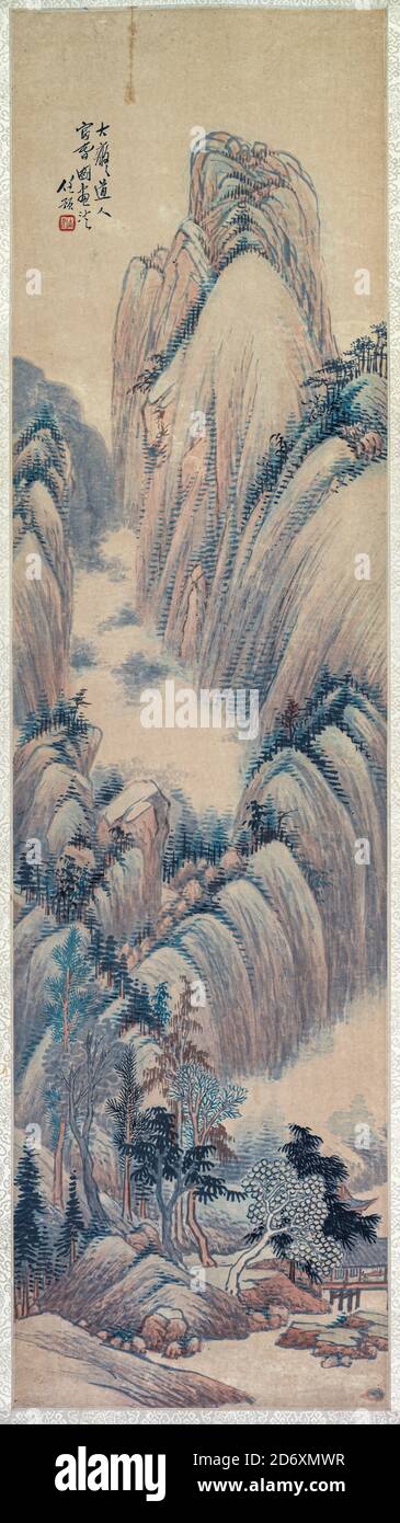 Landschaften 1892 (Teil eines Sets). Von Ren Yu (Chinesisch, 1853-1901) China, Qing-Dynastie (1644-1911) Hängende Schriftrolle, Farbe auf Papier insgesamt: 149.8 x 40.7 cm (59 x 16 Zoll) Stockfoto