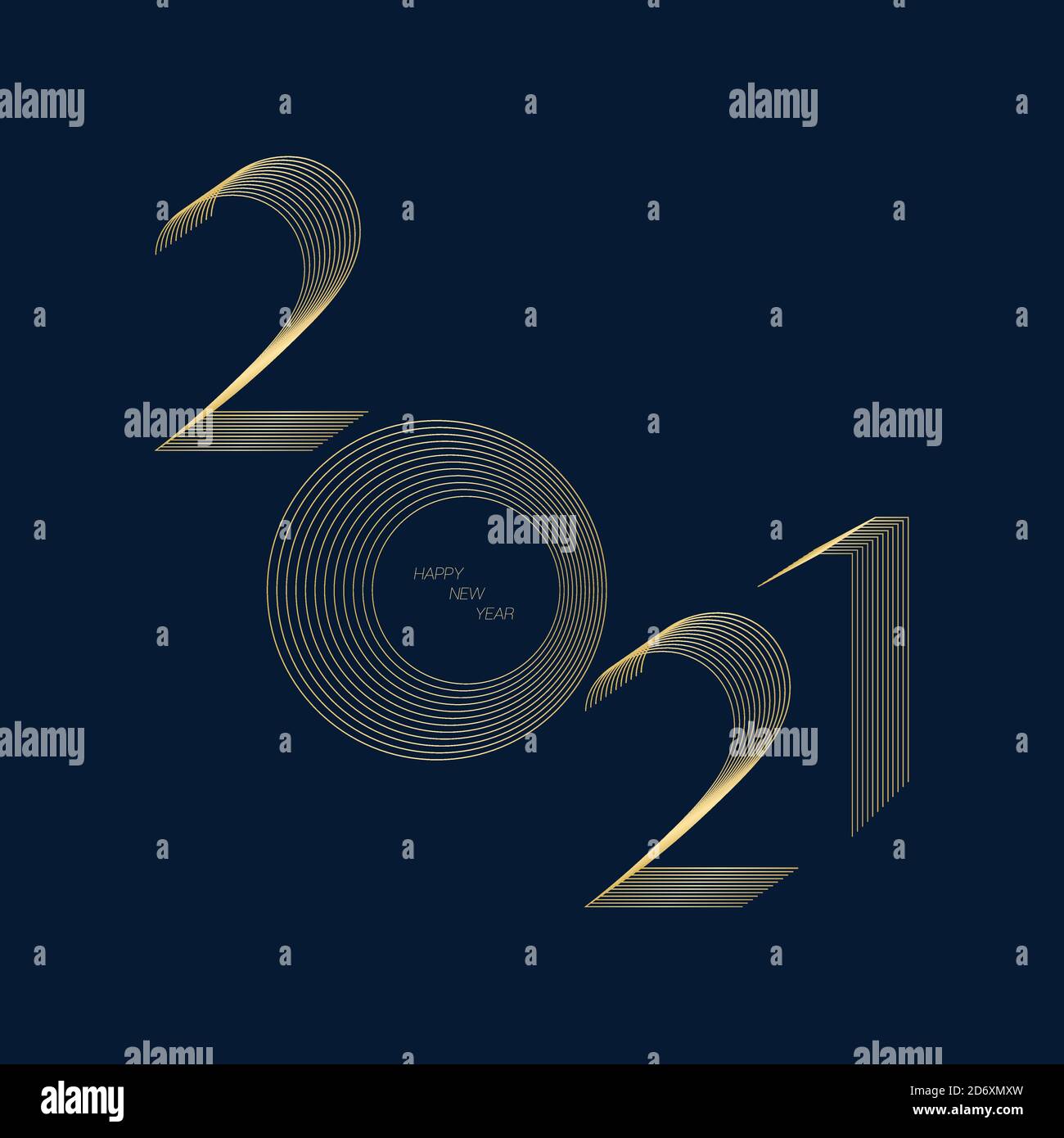 2021 Happy New Year Nummer in modernen Line Blend Stil mit Goldfarbe auf navy blauen Hintergrund, Urlaub Grußkarte Stock Vektor