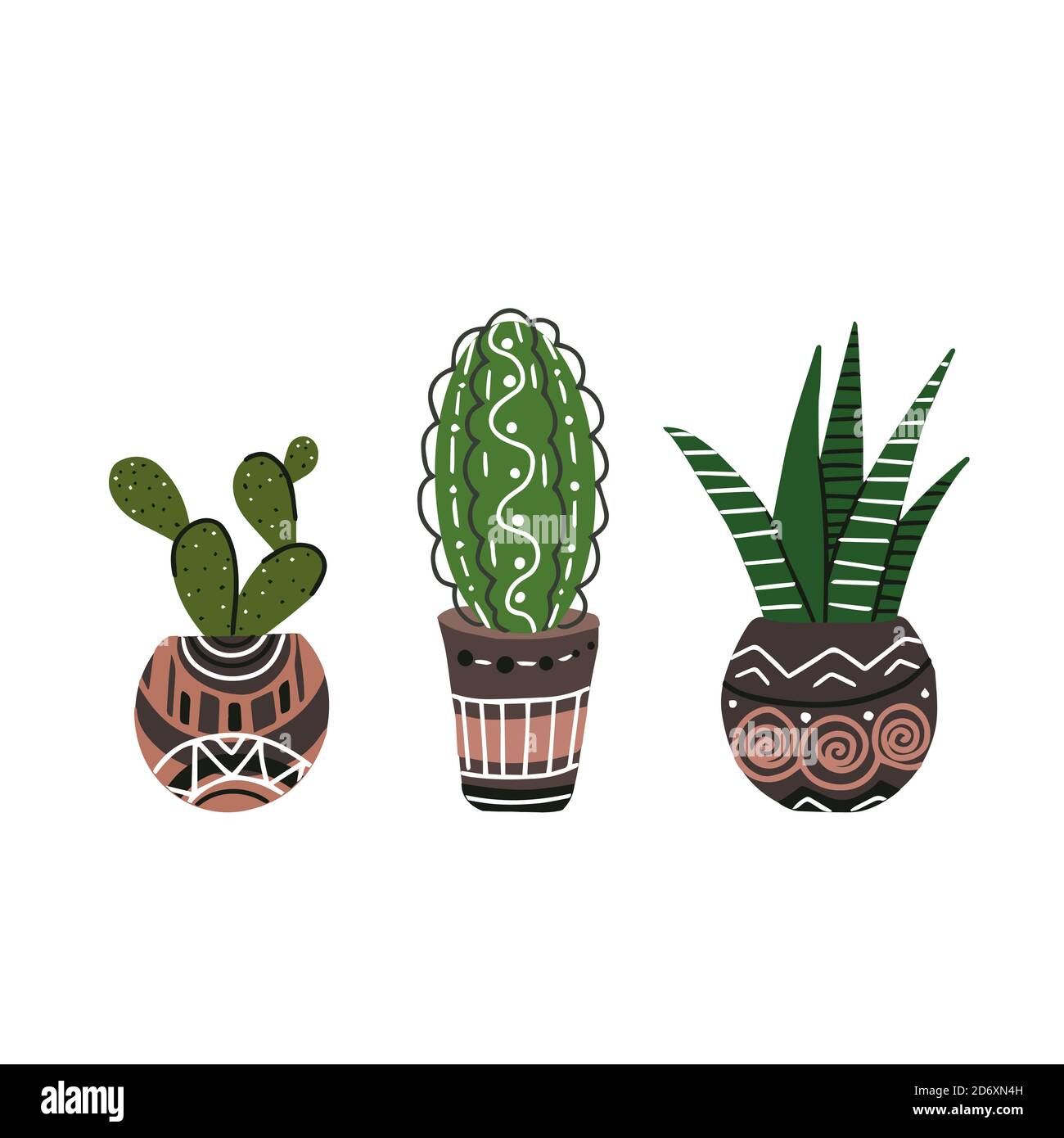 Set aus bunten flachen Kaktus und Sukkulente in Töpfen mit Dekorationen. Boho-Stil. Vector Doodle Element für Karte, Pins, Aufkleber, Karte und Ihre kreative Stock Vektor